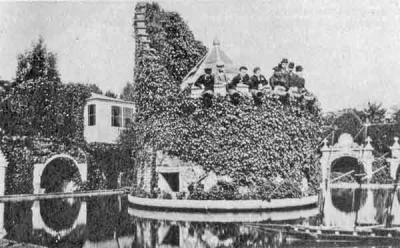 The lake with a 'ship' afloat in the centre