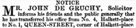 John de Gruchy (1828-1865) was a Solicitor, 1858-1865. Born at Le Houguillon, Trinity, his St Helier home was at 28, Rouge Bouillon. He died aged 37