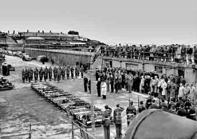 The bodies of US servicemen ready to leave the island in 1946