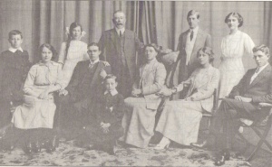 De Gruchy family of South Africa (circa 1914). Standing: Harold Linklater de Gruchy, Constance Havergill de Gruchy, Frederick Abram de Gruchy (father), Albert Philip de Gruchy, Gladys Mary de Gruchy. Seated: Doris Lillian de Gruchy, Frederick de Quetteville de Gruchy, Ivor Alan de Gruchy, Mary Irish (mother), Ethel May de Gruchy, Aubin Ewald de Gruchy