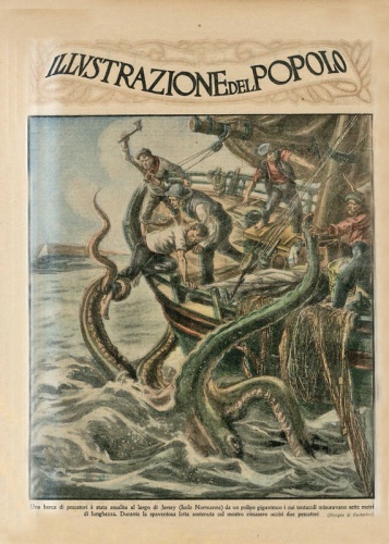 An illustration in an Italian magazine in 1923 showing the battle fought off the coast the previous year between the crew of a Jersey fishing boat and a giant octopus. This remarkable incident was well documented at the time in several publications. See an English magazine report in our Newspaper articles index ]]