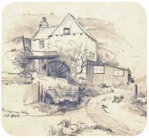 A 1885 drawing of the mill in Bellozanne Valley variously described as Fliquet and Friquet. The mill was located at the northern end of the valley. No longer there, it was the only mill on the stream known as the Douet de Sainte Croix, which runs the length of the valley, heading out to sea near First Tower.