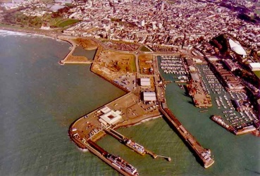 A higher view looking down on the ferry terminal and the reclaimed Waterfront behind
