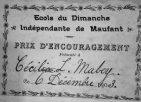 Cecilia Mabey won a prize at Maufant Sunday School in 1903