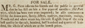 George Picot advertised port wine for sale in ‘’Gazette de l’Ile de Jersey’’ in 1803