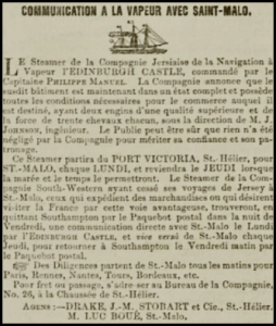 Edinburgh Castle started a weekly return service to St Malo in 1850, as advertised in Chronique de Jersey