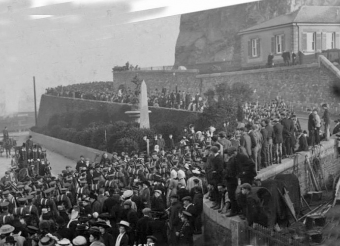 Kings Own Regiment en route to Fort Regent from the Harbour in 1908, photographed by Hamilton Toovey