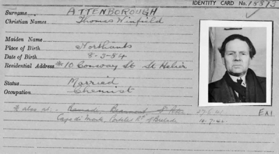 Thomas Attenborough's 1941 registration card ...