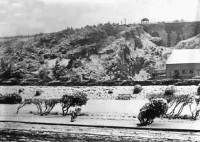 Victoria Avenue and West Park Pavilion covered with snow, with gazebo in walled estate of Westmount House belonging to Francois Voisin on top of hill