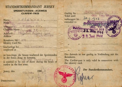 A curfew pass issued to Charles Alfred Beuzeval during the Occupation as a Member of the Honorary Police [1]