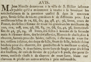 1803 Gazette de l'Ile de Jersey advert for Jean Nicolle, who was offering men's and women's saddles in a range of sizes and other leather goods at his shop in St Helier