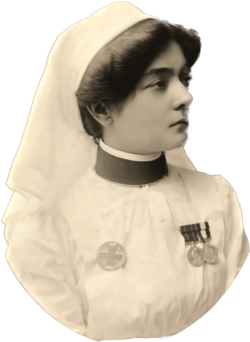 Sister Adeline Annie Pallot (1873-1946) RRC, circa 1914, of Princess Christian`s Army Nursing Service, wearing her South African War medals. She also served throughout WW1, being Mentioned in Despatches in 1915 and 1917, and being awarded the RRC for exceptional bravery and devotion to duty