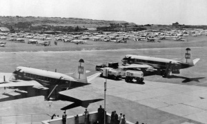 An air rally in the 1960s. The participants' aircraft were parked to the south-west of the terminal, but in later years they were parked closer to the Aero Club to the north of the terminal