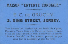 E C de Gruchy, being Edward Capples de Gruchy (1881- ), had a fancy goods shop at 2 King Street, but the date is not known, although it will have been after 1901, when he came of age. After some years, he emigrated to Canada