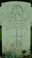 The grave of Great War casualty Keen Alma Richards at Etaples Military Cemetery, Pas de Calais, the largest Commonwealth War Graves Commission cemetery in France