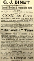 G J Binet at 36 Kensington Place was agent for Ranwolla teas ...