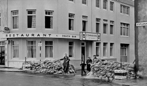 Sandbags at the junction of the Esplanade and Castle Street before a high tide and storm on 5 October 1963