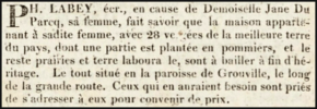 Philippe Labey, on behalf of his wife Jane, nee du Parcq, advertised their Grouville house with 28 vergees of land for sale in 1825