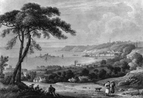 A distant view of the fort and town of St Aubin