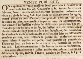 The contents of the St Aubin home of the late Charles Coutanche were sold on 2 February 1804