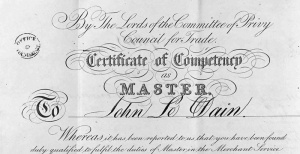 John Le Dain's master's certificate