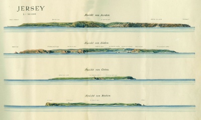 Drawing of the island's coasts, seen from the sea, north, south, east and west