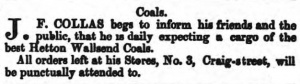J F Collas, coal merchant in Craig Street in 1859. This was Jean Francois, son of George and Elizabeth Valpy, of St Saviour