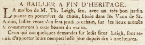 Thomas Leigh’s house, garden and orchard at Mont Les Vaux, St Aubin, was advertised for sale in Gazette de l'Ile de Jersey in 1804