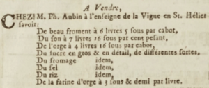 A variety of grains were advertised for sale by Philippe Aubin in Vine Street in 1805