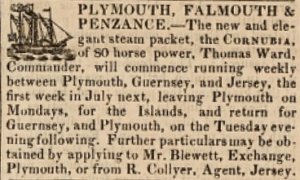 The cutter Cornubia started a service from Jersey to Plymouth in 1832