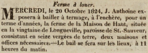 In 1824 the sale of J Anthoine's house at Maufant, St Saviour (perhaps the same) was advertised in Chronique de Jersey