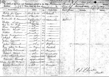 Crewlist for the William Fruing, a 792-ton ship built by Vautier in Jersey for William Fruing and Company. She voyaged from Melbourne to Sydney in 1869, with Peter John Chevalier as master and a number of other Jerseymen in the crew.