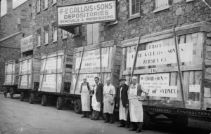 A consigment outside the warehouse for shipping to Sydney, before the days of standardised containers