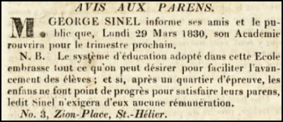 George Sinels academy was advertised in Chronique de Jersey in 1830