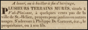 1833 advert in L'Impartial for walled gardens in Val Plaisant