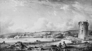 A Ouless drawing of St Aubin viewed from Beaumont, showing the tower