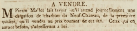 Pierre Mallet advertised the impending arrival of a cargo of Newcastle Coal in April 1804