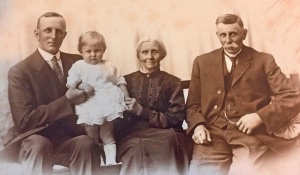 Ann Mary Perchard, born in St Helier in 1837, daughter of Thomas (1815-1869) and Elizabeth Mary, nee Joslin (1817-1890) with three generations of descendants in New Zealand in about 1919: Son Arthur Joslin Bell, grandson George Foreman Bell and great-granddaughter Margaret June Bell