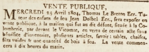 Thomas Le Breton, guardian of the children of the late Jean Dolbel, advertised their Colomberie house for sale