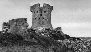 This damage at the top of the tower was caused accidentally by a German gun