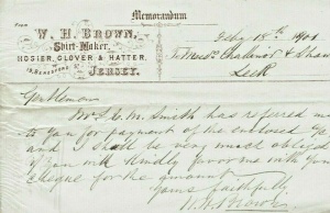 A reminder of an outstanding account from a different W H Brown, shirt maker of Beresford Street. We have not been able to find any more information about this Mr Brown ...