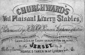 A card advertising Churchward's livery stables in about 1890. Note the early telephone number (No 6). The telephone service started in 1888