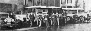 Favourite Bus Service fleet outside the Masonic Temple in Stopford Road in 1935