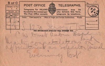 A telegram sent from Sark congratulating him on his appointment