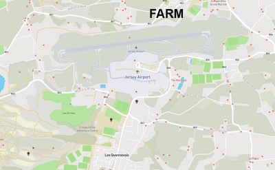 A map showing how the Airport now bisects the parish isolating the former farm from the Les Quennevais district after which is was named