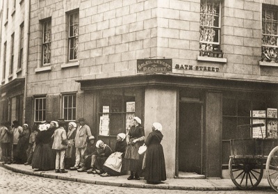 Breton workers outside one of their favourite haunts, the Soleil Levant public house on the corner of Hilgrove Street and Bath Street