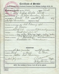 Percy Arthur Charles Pallot's certificate of service from the Royal Canadian Regiment - he served for 15 years