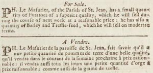 Philippe Le Masurier of St John advertised potatoes for sale in 1805