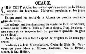 1866 Nouvelle Chronique advert for chaux - quicklime, a by-product of the Copp brick-making furnaces