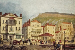 A painting showing the Old London Hotel on the left with Lowe's London Hotel and Royal Yacht Club next to it. These businesses merged to become the Royal Yacht Hotel in due course.